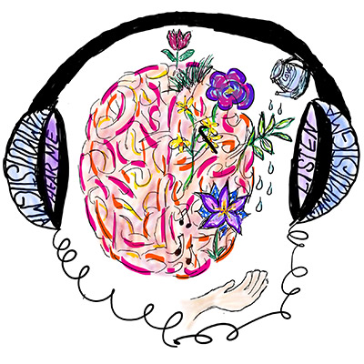 Icon of a mindful brain with wearing a headphone